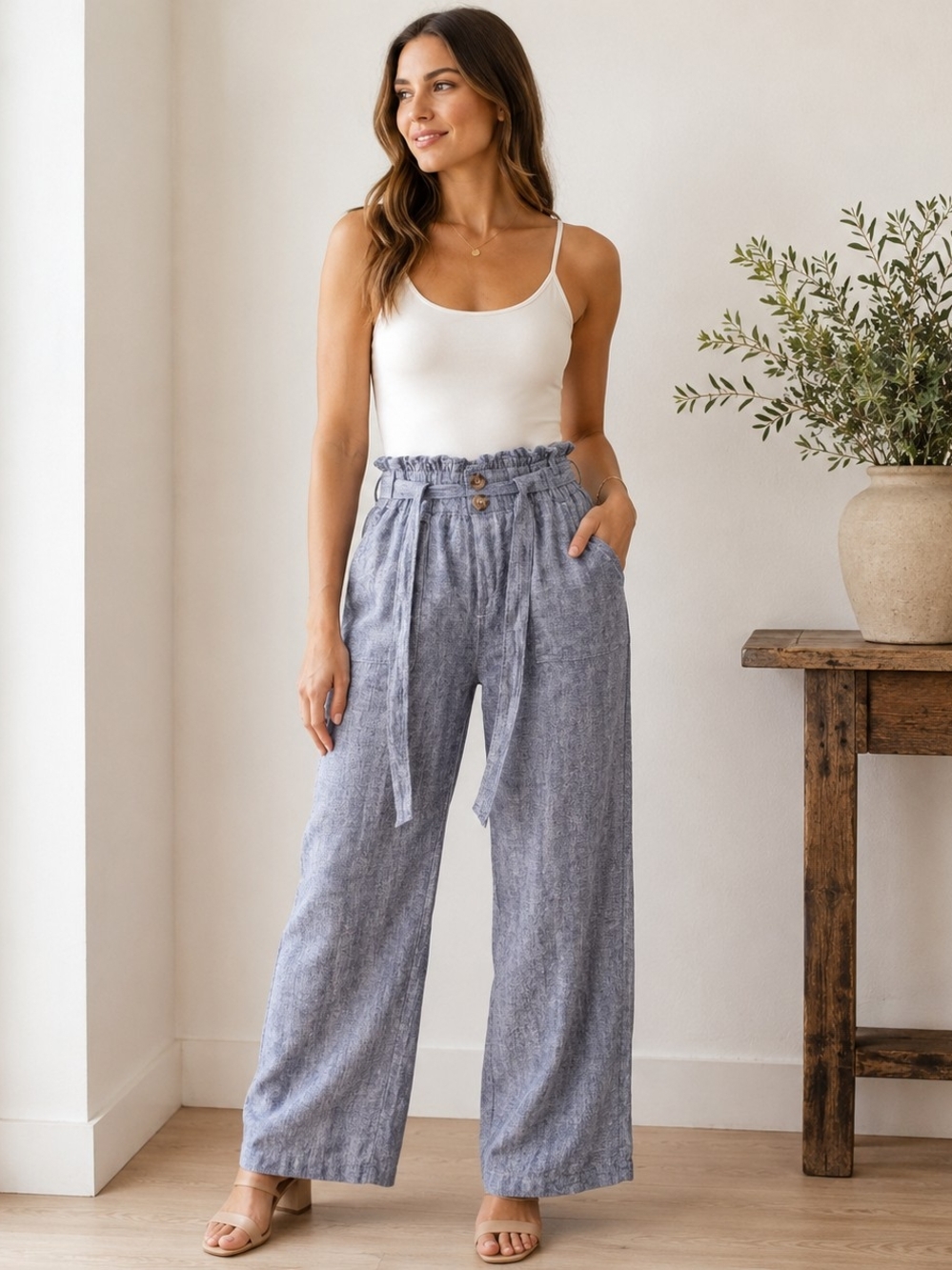 High-Rise Paperbag Wide-Leg Pants in Light Blue